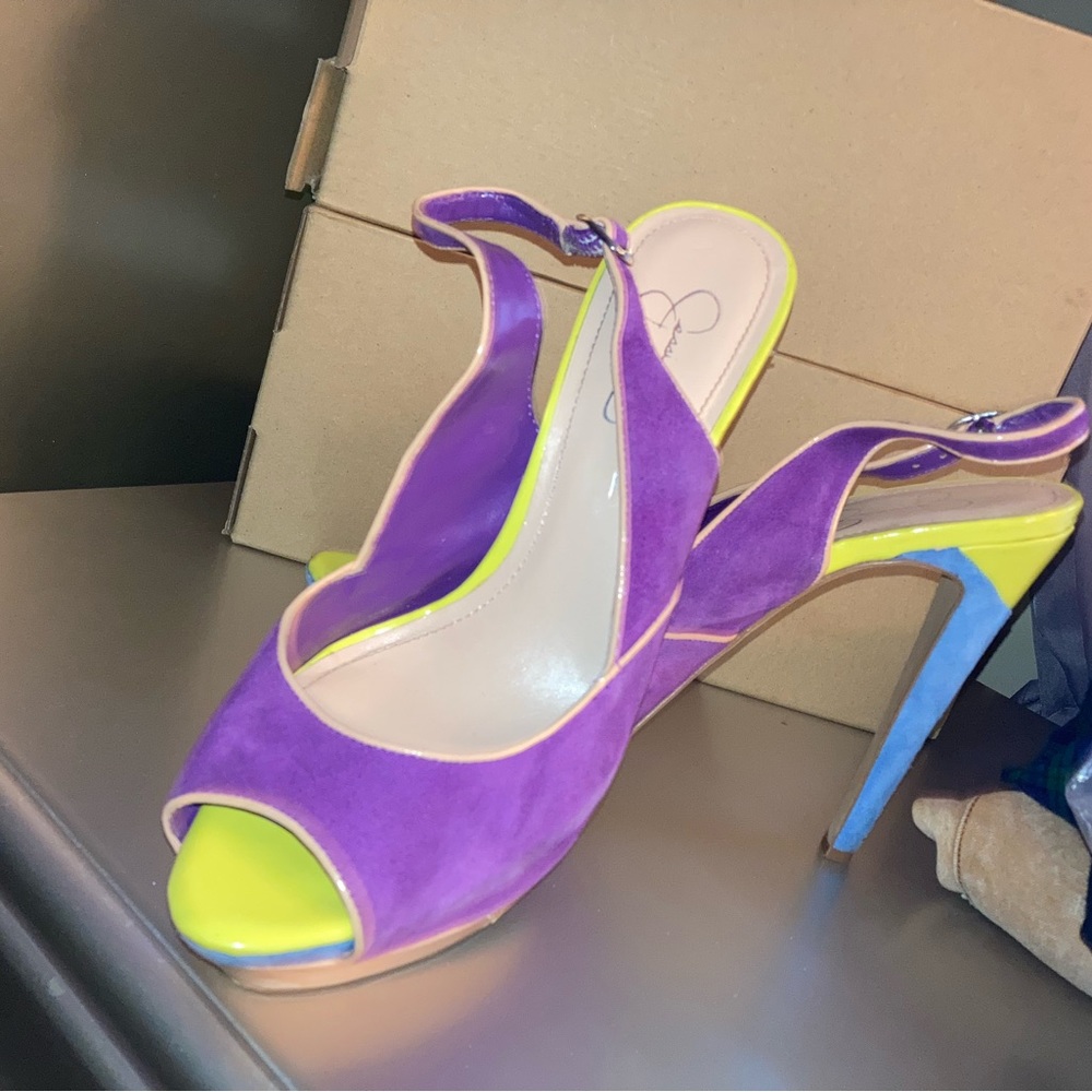 Jessica Simpson colorful suede peep toe pumps.